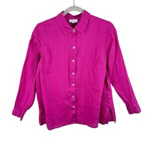 J. Jill Love Linen 100% Linen Bright Pink Long Sleeve Woven Button Up Top‎ Sz SP